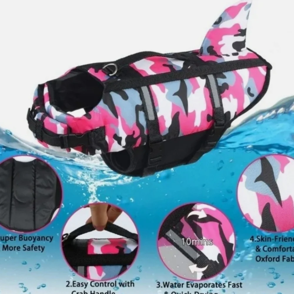 Fragralley Dog Life Jacket Shark Design in Pink Camo Nylon for Large Dogs